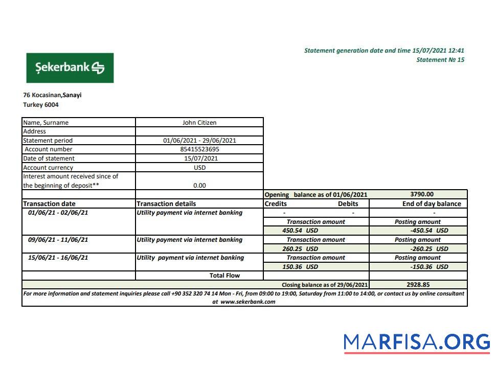 Printable Turkey Sekerbank bank statement excel template